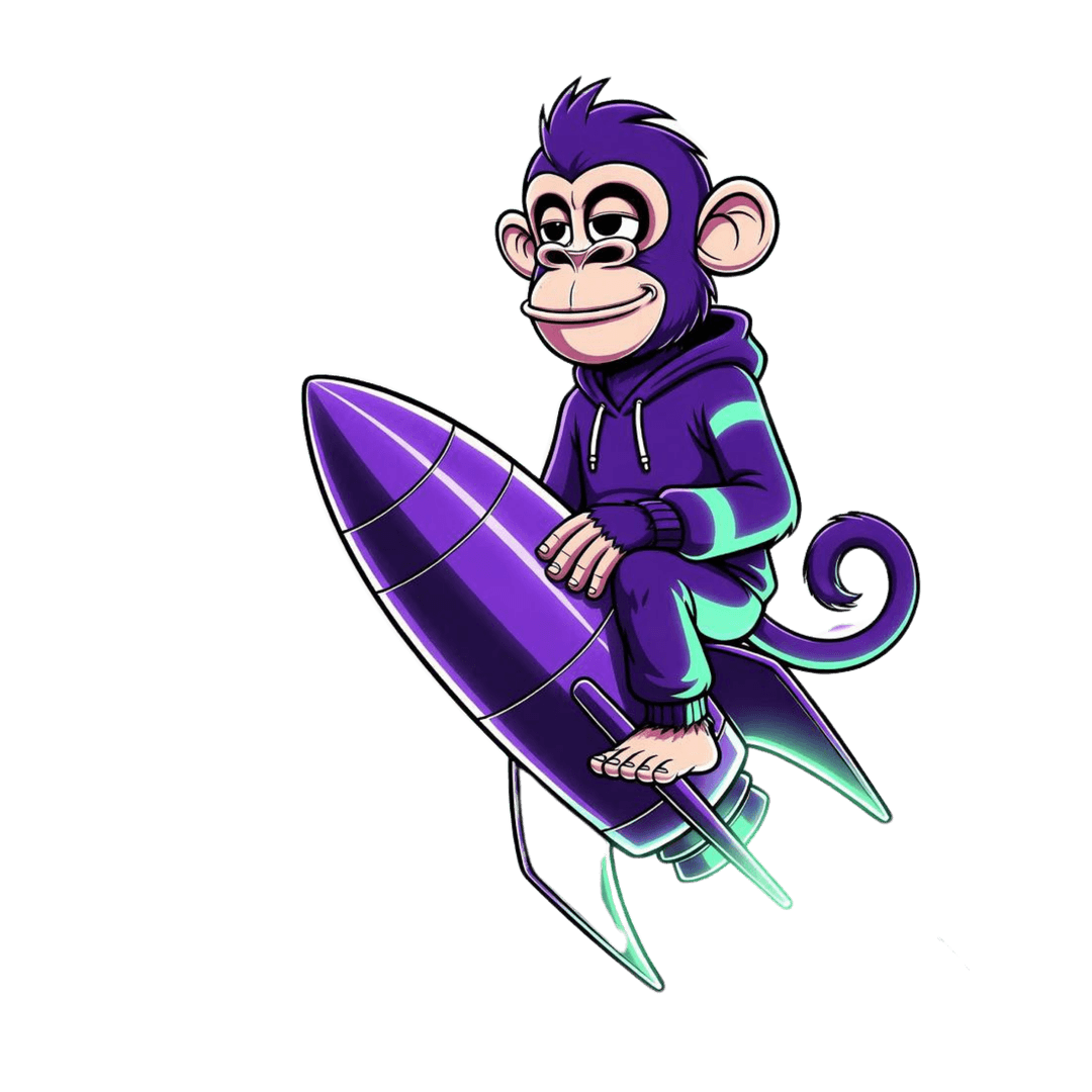 Solauncher ape mascot launching into space on a rocket